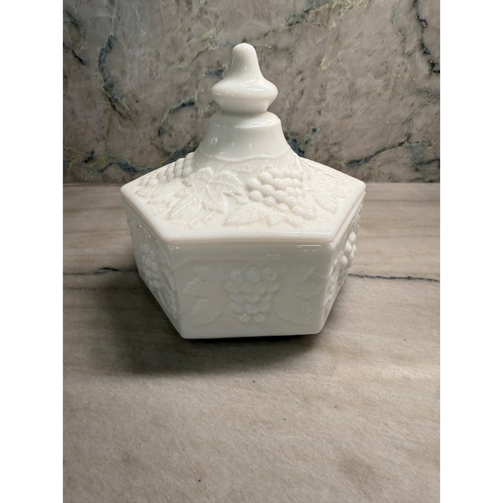 Imperial Glass Milk Glass Grape Hexagon Candy Dish with Lid Vintage IG Mark